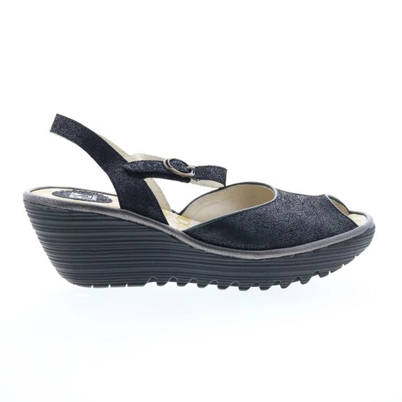 Fly London Yora Women's Black Leather Wedge Sandals Rubber Sole sz. 40 - Picture 1 of 7